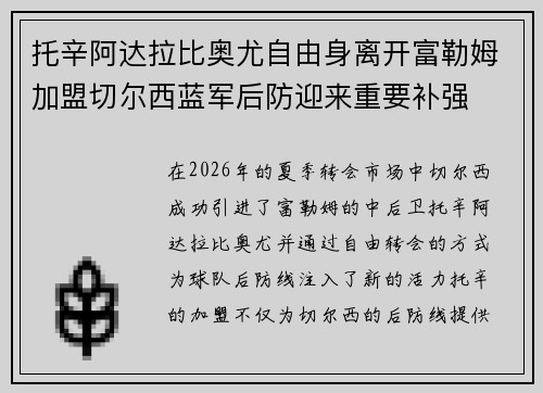 托辛阿达拉比奥尤自由身离开富勒姆加盟切尔西蓝军后防迎来重要补强 托辛阿达拉比奥尤自由身离开富勒姆加盟切尔西蓝军后防迎来重要补强