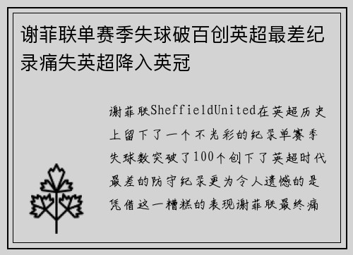 谢菲联单赛季失球破百创英超最差纪录痛失英超降入英冠